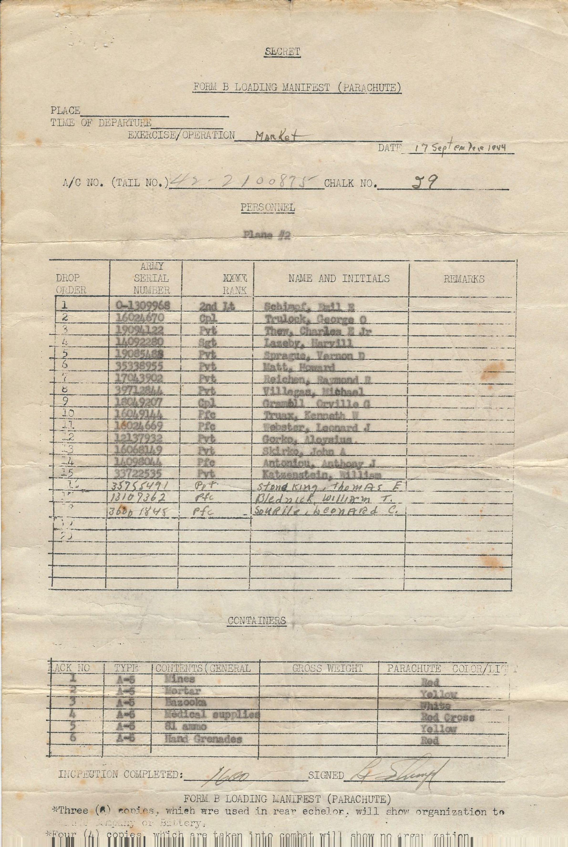 Market - Plane Roster September 17, 1944.